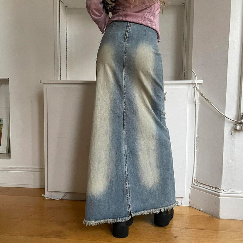 Lizakosht Embroidered Denim Long Skirt for Women High Street Vintage Low Waist Raw Hem Street Blue Patchwork Loose Jeans Maxi Skirts