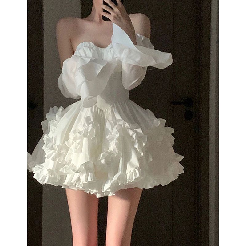 Lizakosht New Vintage Temperament Women's Summer Dress Exquisite and Unique White Tube Top Tutu Dress Sleeveles Dresses for Women