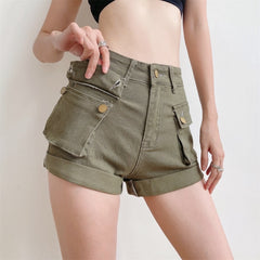 Lizakosht Summer Women High Waist Frock Shorts Army Green Black White Casual Female Ladies Shorts Two Pockets