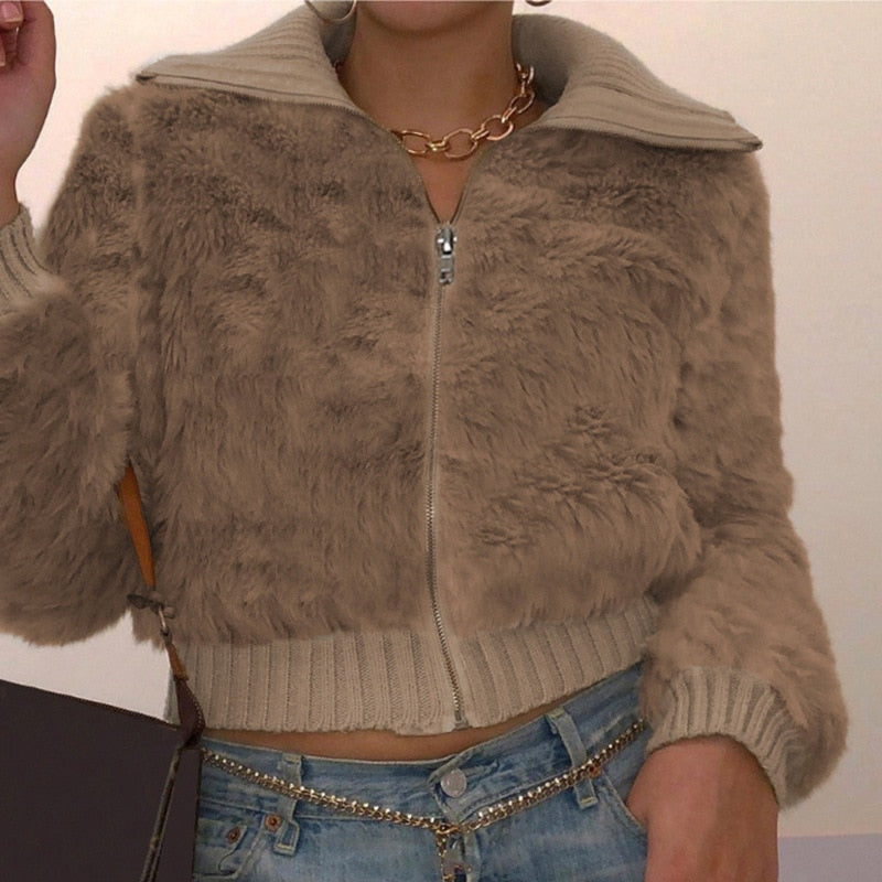 Lizakosht Autumn and Winter Temperament Lapel Long-sleeved Jacket Women New Fashion Women's Plush Stitching Zipper Warm Cardigan