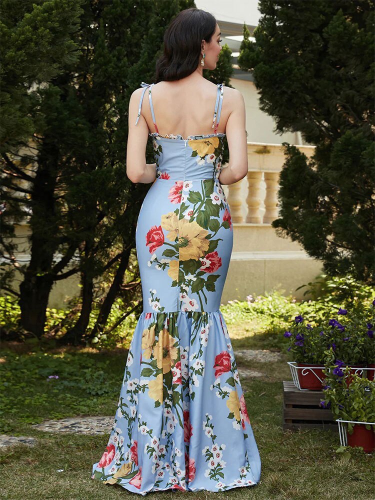 Lizakosht Print Deep V Sling Sheath Dress Women Off Shoulder Sleeveless Floor Length Long Robes Summer Sexy Beach Party vestido