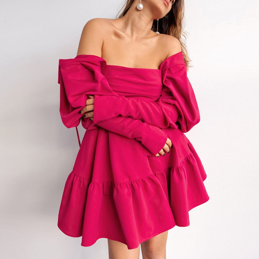Lizakosht Women Autumn Square Collar Vintage Rose Red Mini Dress New Long Sleeve A-line Ruffle Pleated Sweet Birthday Party Dress
