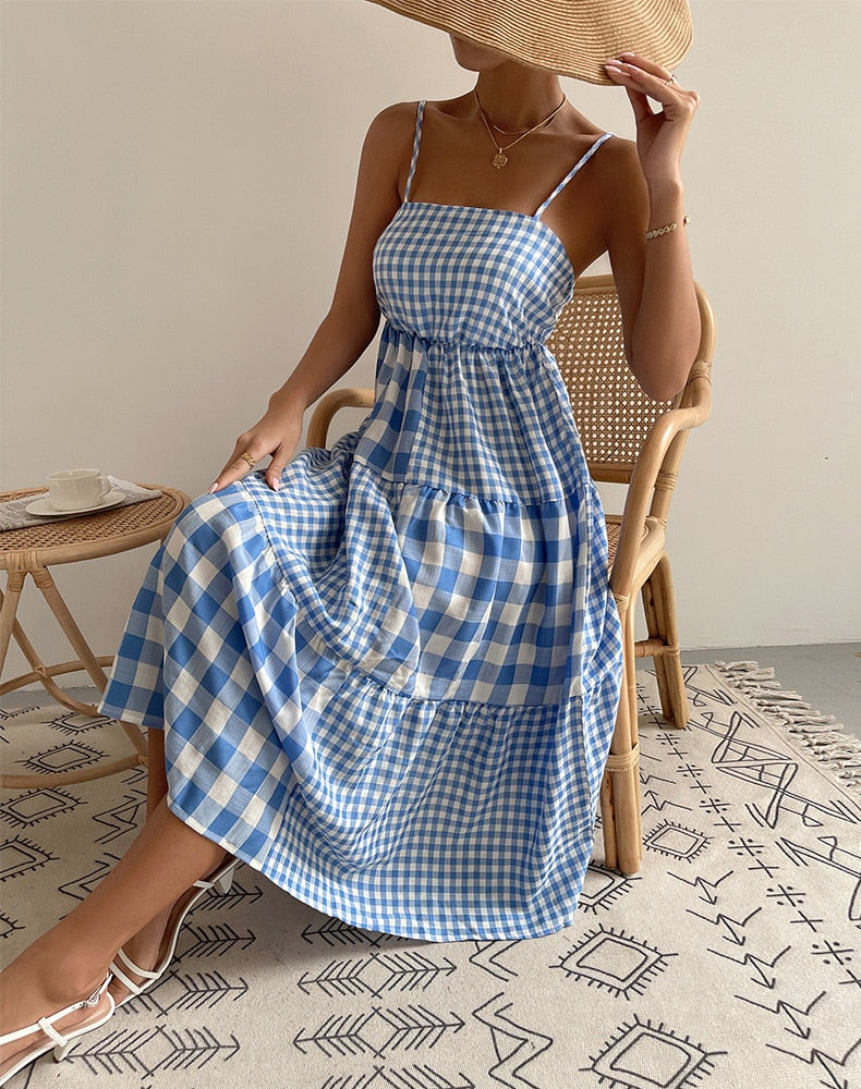 Lizakosht Summer New Women's Clothing Mid-length Light Mature Fashion Plaid Polyester Dress Suspenders Large Swing Skirt