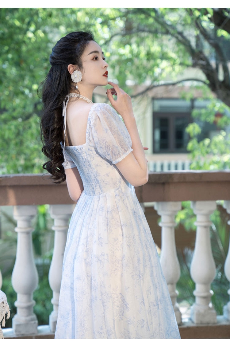Lizakosht Summer Woman Chiffon Dress Romantic Vintage Print Off Shoulder Neck Mounted Sexy Party Night Dresses Lady Vestido Festa