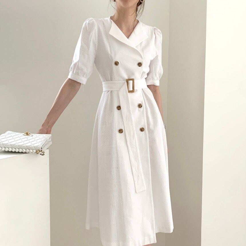 White Chic Dress Women Clothing 2022 Summer Double Breasted High Waist Elegant Dress Women Vestidos Business Korean Bodycon