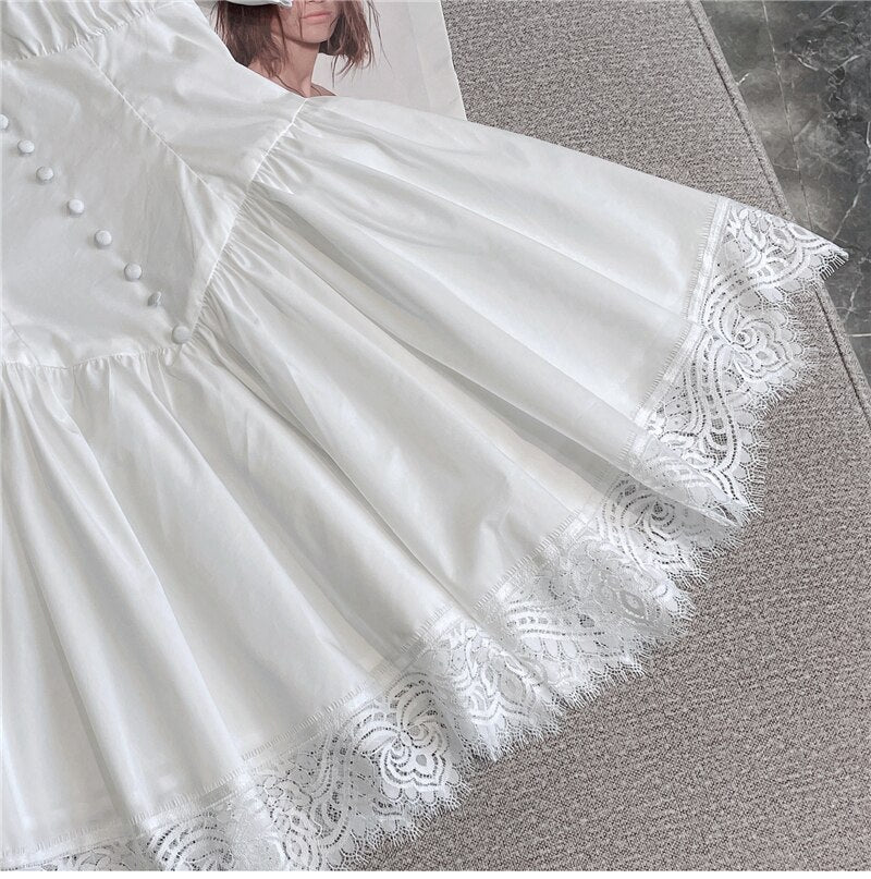 V-neck Lace Princess Dress Sexy Women's Summer Mini Dress 2022 Black High Waist  Slim Puffy Short Sleeve Party Dress Robe Femme