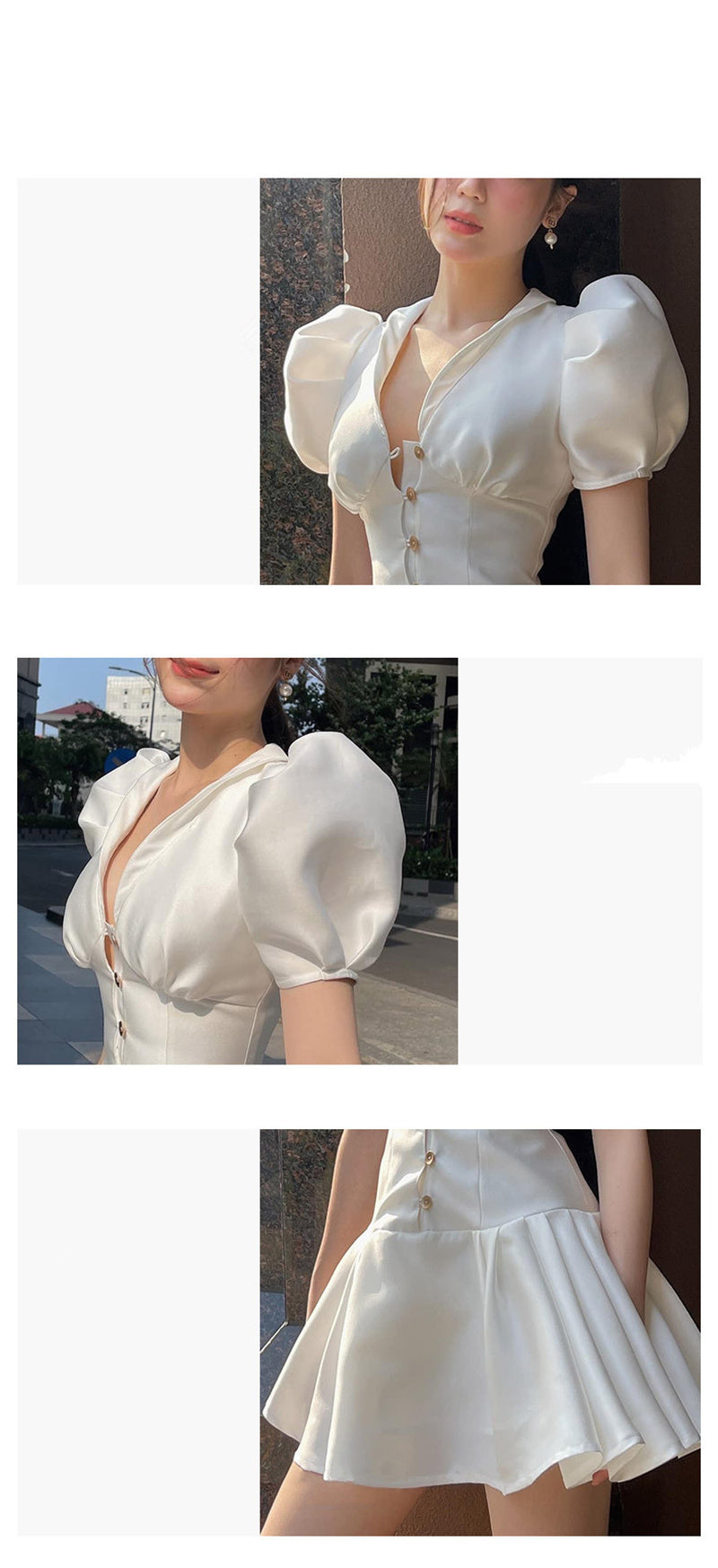 Summer Short White Dress Women Puff Sleeve Sexy V-Neck Pleated Mimi Party Dresses Women Vestidos Single Breasted Ball Gown F121