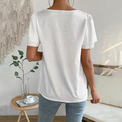 Lizakosht Summer New Women  Elegant White Color Shine Top Double Lotus Sleeve Short Sleeve Crewneck Casual Elegant Lady T-Shirts Tops