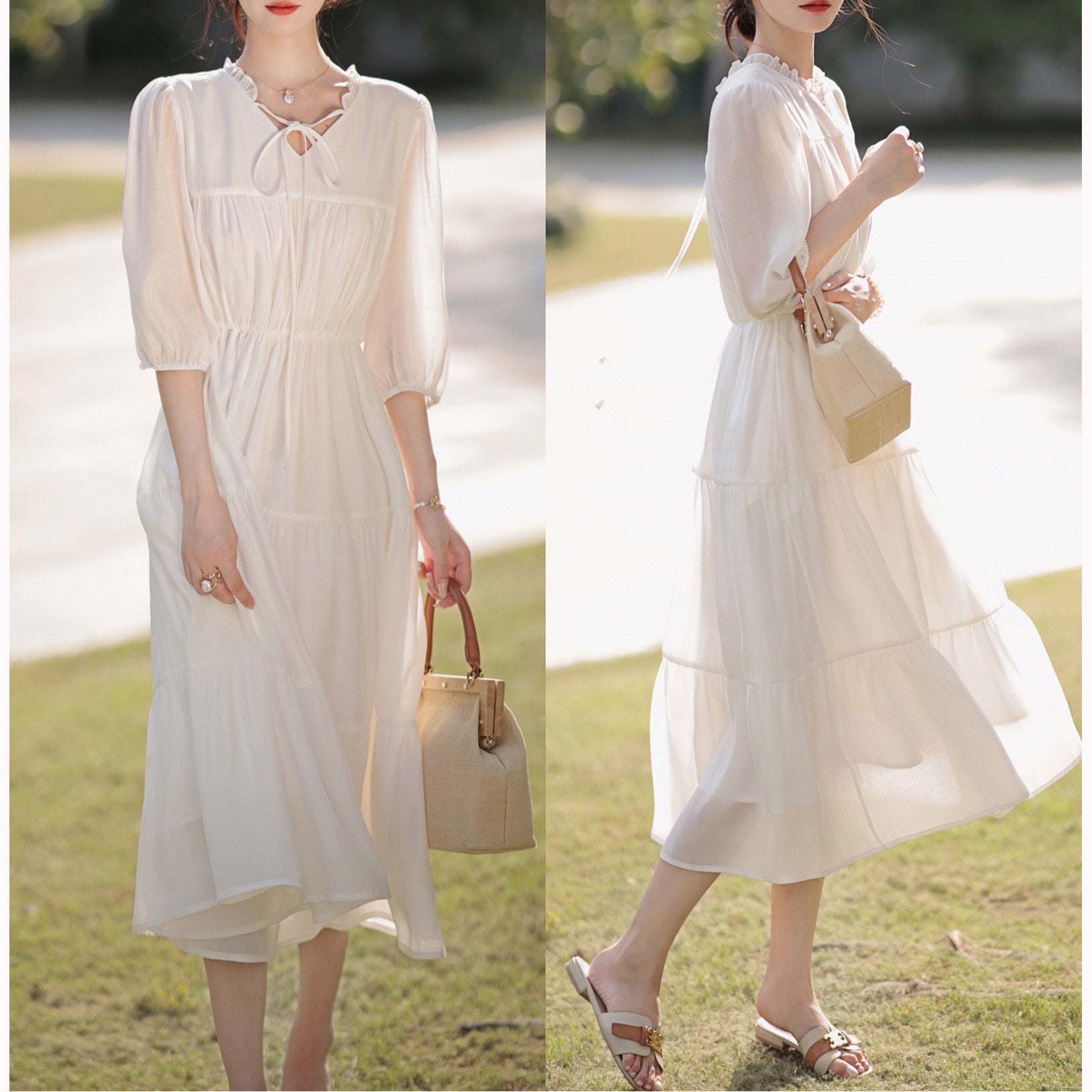 Lizakosht Women's New Spring New Style Wooden Ear Tie Fashion Lantern Sleeve Dress