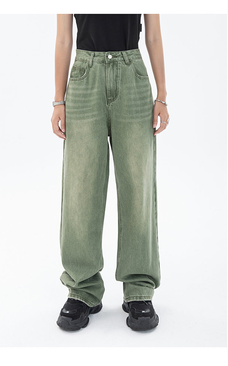 Vintage Green Women's Jeans Fashion Trousers Streetwear High Waist Wide Leg Summer Y2K Baggy Casual Straight Mom Denim Pants