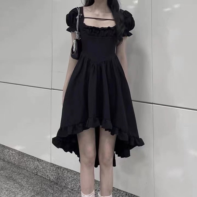 Vintage Lolita Dress Women Irregular High Low Ruffle Patchwork Square Collar Puff Sleeve Solid Elegant Princess Dress