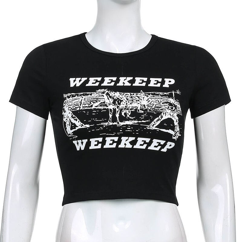 HOUZHOU Grunge Black T Shirt Women Y2k Crop Top Summer Sexy Vintage Print O-Neck Casaul Short Sleeve T-Shirts Kpop Streetwear