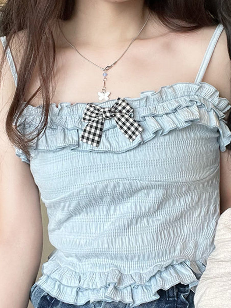 Summer Lolita Kawaii Tank Tops Women Korean Style Bowknot Patchwork Ruffle Flounce Top Female Elastic Skinny Sweet Top 2022 New