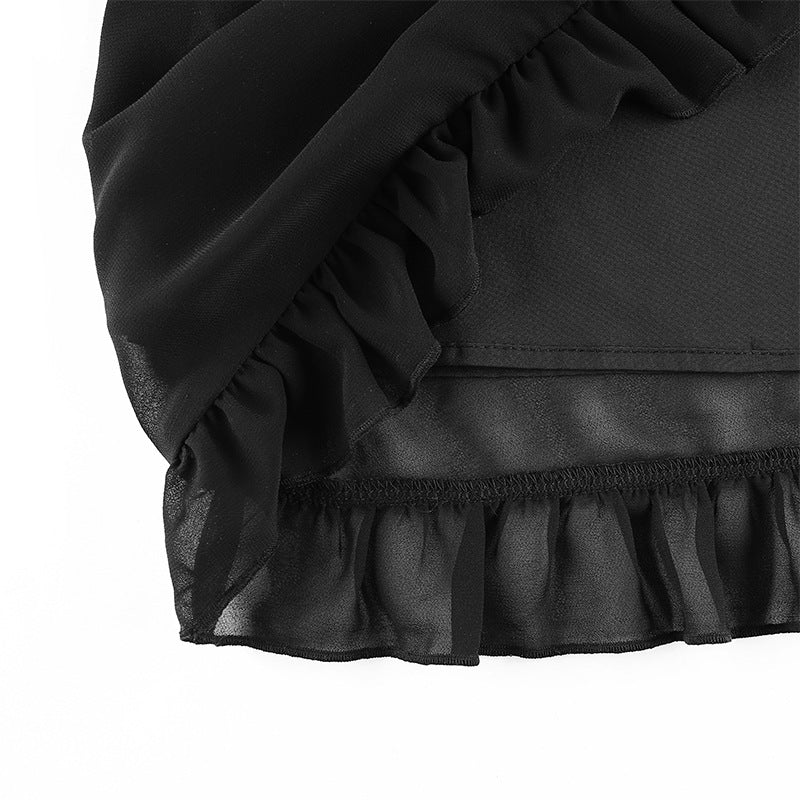 Lizakosht  Ruffled Lace Suspender Skirt Temperament Short Skirt Hepburn Sexy Personality Black
