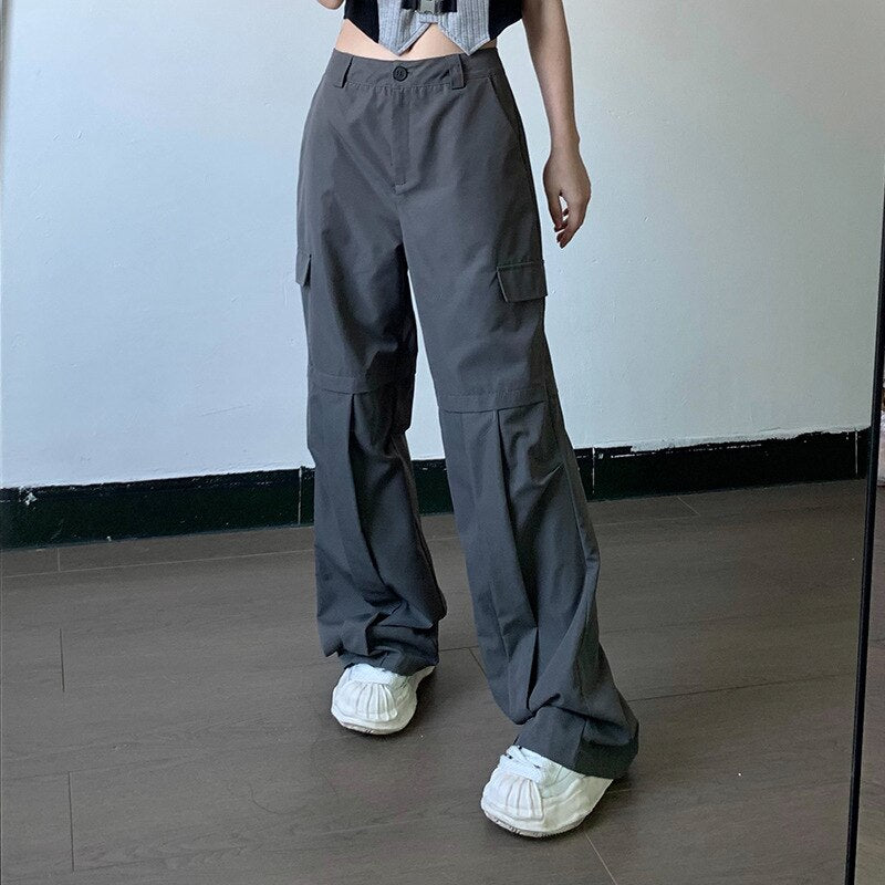 OL Formal Suit Cargo Pants Women Grey Loose Wide Leg Straight Trousers 90S Unisex Pants Office Lady Work Bottoms Casual Clothes