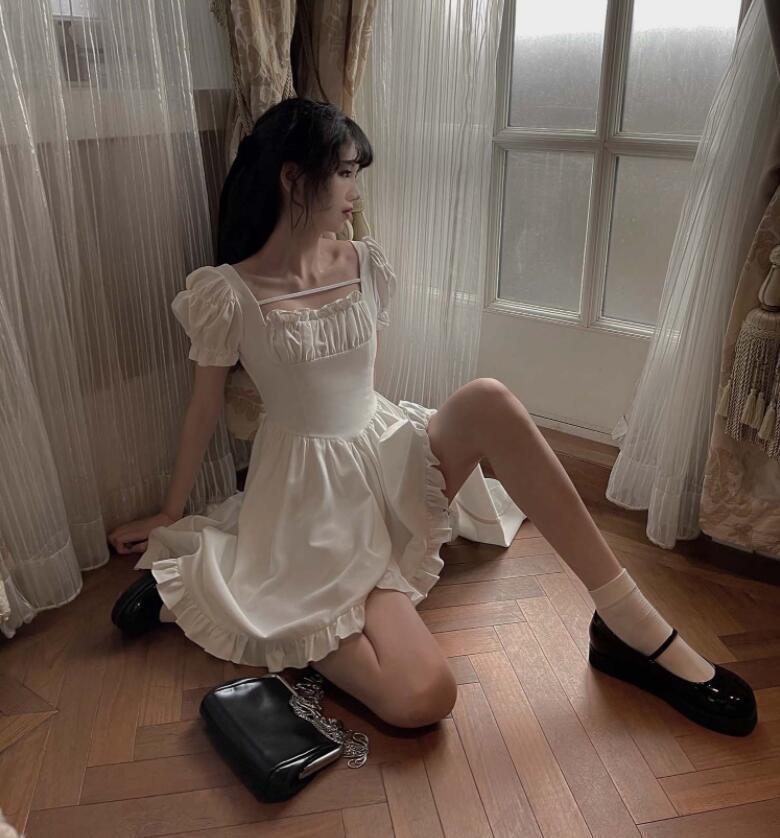Vintage Lolita Dress Women Irregular High Low Ruffle Patchwork Square Collar Puff Sleeve Solid Elegant Princess Dress