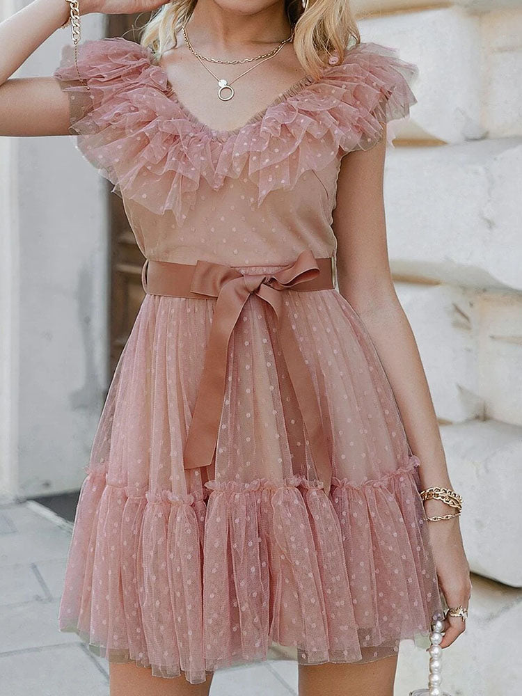Lizakosht  Women Solid Ruffle Lace-up Sleeveless Dress Elegant V-Neck Lace Pleated A-Line Party Dress New Summer Vintage Chic Mini Dresses