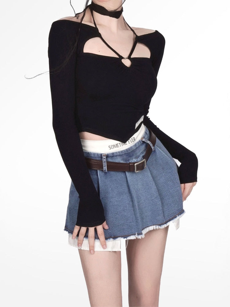 HOUZHOU Sexy Korean Denim Micro Skirt Women Summer Y2K High Waist Irregular Patchwork Fake Two-piece Belt Mini Skirt Streetwear