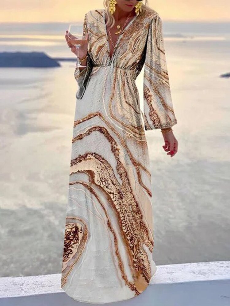 Lizakosht  Elegant Flare Long Sleeve High Waist Boho Beach Dress Women Vintage Print Deep V Maxi Dress Fashion Women Casual Chic Long Dress