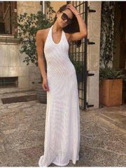 Lizakosht Sexy Backless Knitted Floor Length Dress Women Elegant V-neck Sleeveless Halter Maxi Dresses Summer Lady Holiday Street Wear