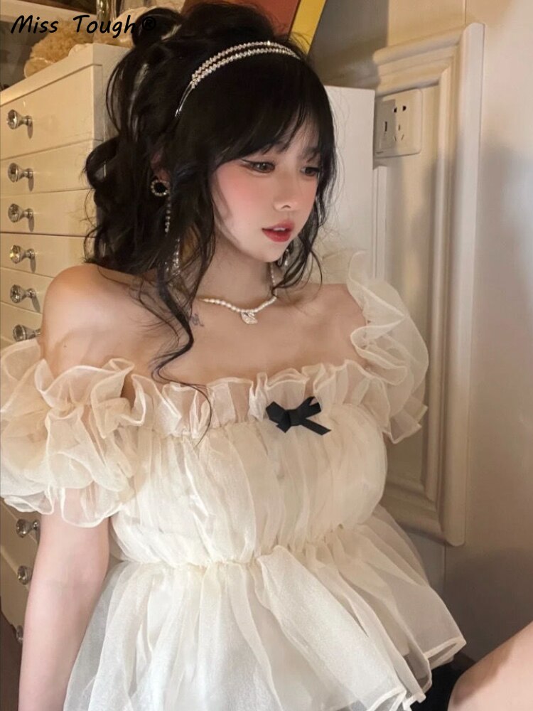 Summer Chiffon Bow Sweet Blouses Women Designer Puff Sleeve Princess Blouses Female Korean Fashion Lace Fit Party Blouse 2022