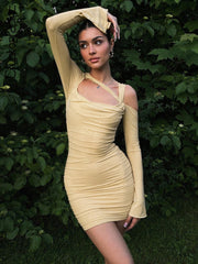 Lizakosht Fashion Flare Sleeve Sexy Cut Out Ruched Dress Outfits Women Party Club Summer Mesh Sheer Dresses Bodycon Clothes