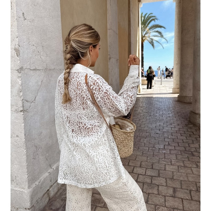 Lizakosht Summer Lace Hollow Out Shirt Top for Women Y2K INS Clothes Long Lantern Sleeve Single Breasted Loose T-shirt Blouse