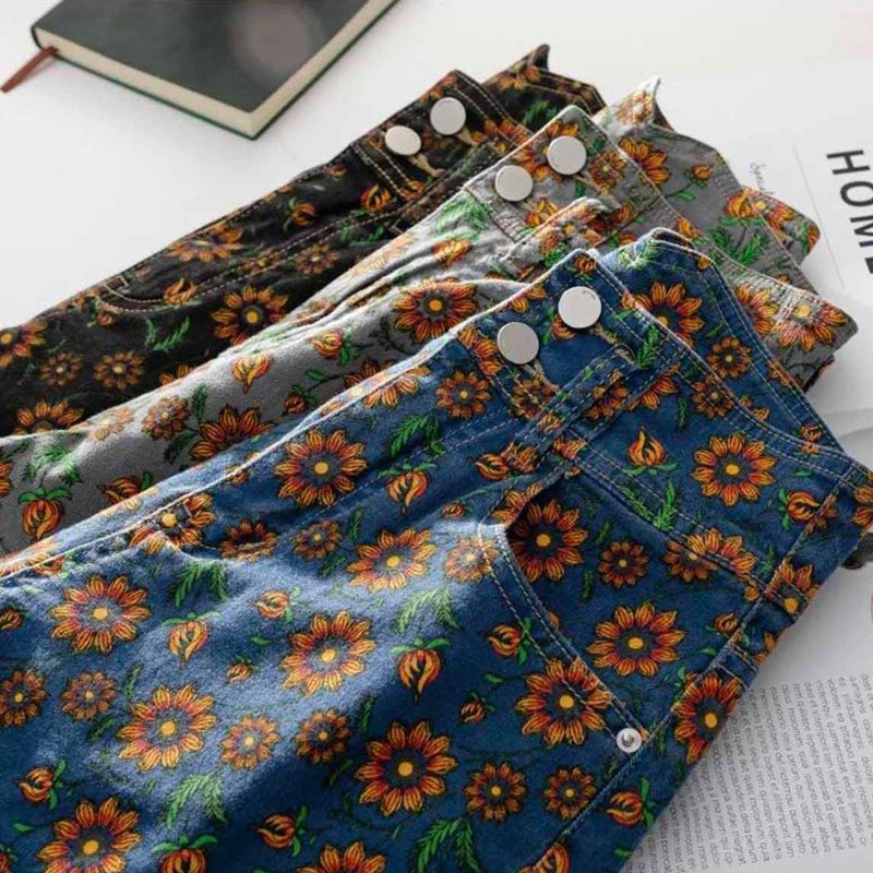 Vintage Floral Denim Shorts Women Summer 2022 Double Buttons High Waist Short Pants Female Casual Loose Wide Leg Shorts