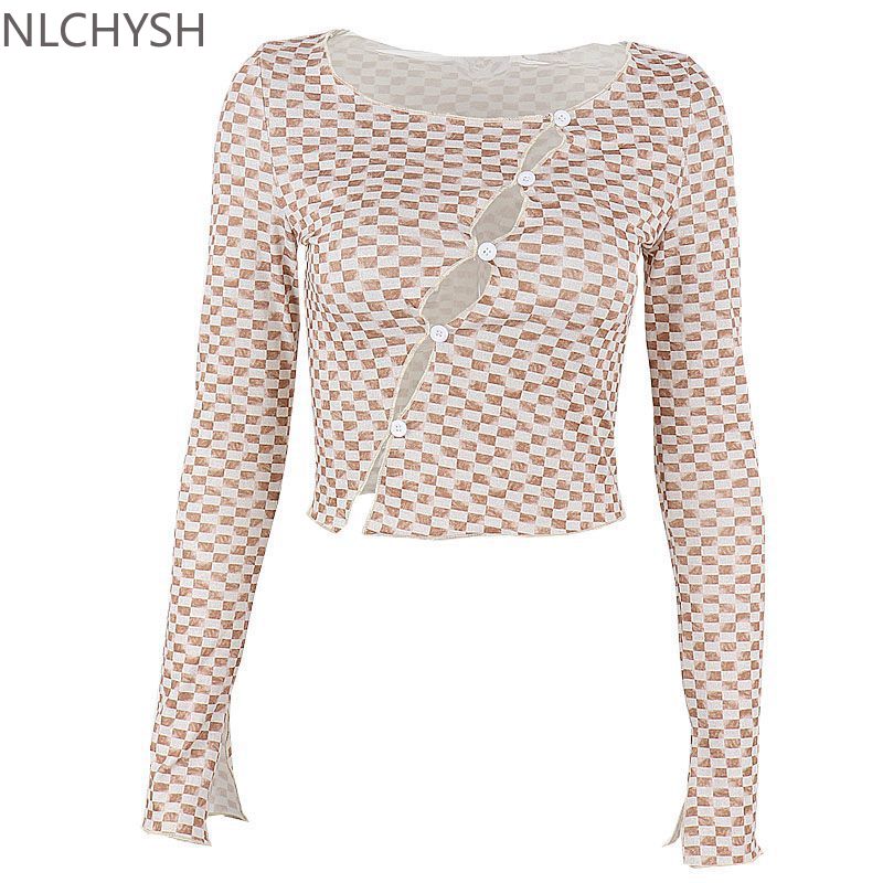 Casual grid Hollow Out Crop Top For Women Long Sleeve Sexy O Neck Pullover Slim Slant Button T Shirts Y2K 2022 Autumn