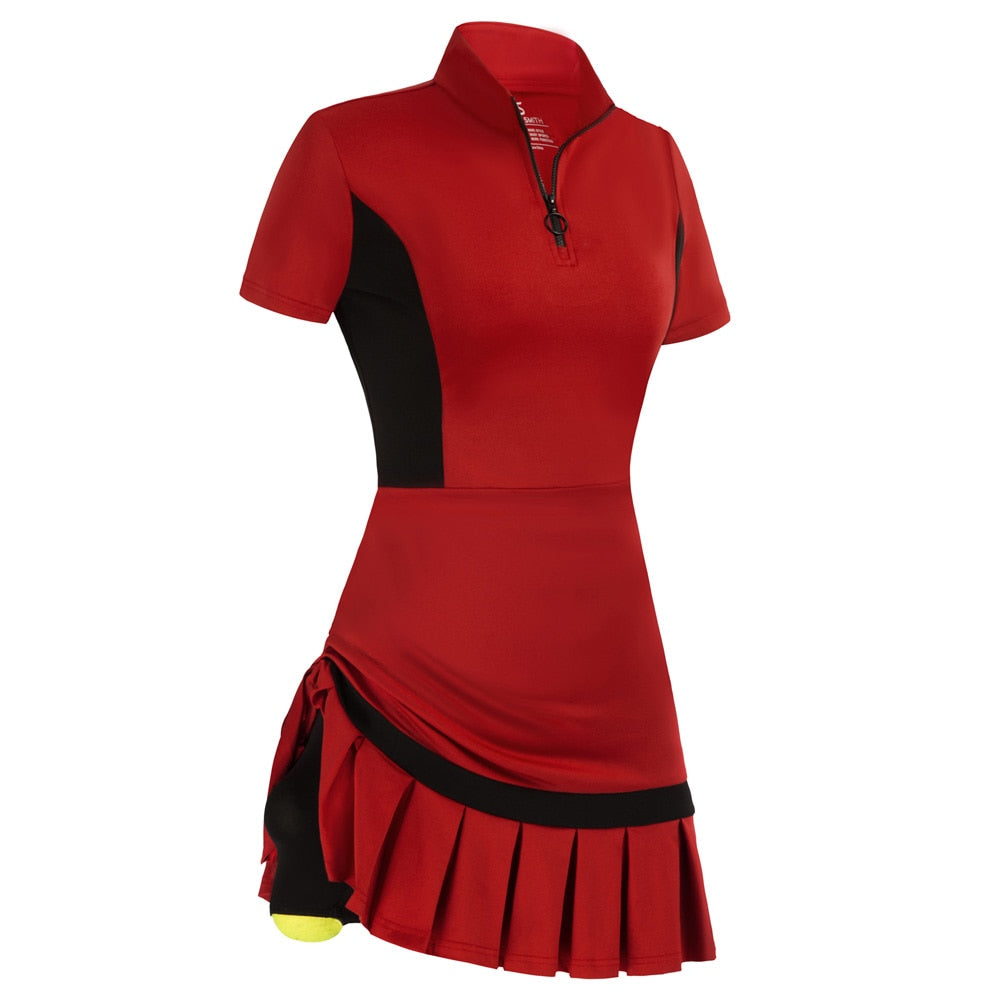 JS Women Mini Dress Tennis & Golf Contrast Color Sports Dress Fashion Summer New Short Sleeve Zipper Stand Collar Dress + Boxer