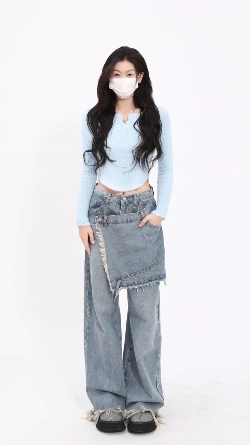 Feiernan Vintage Women Pants Y2k Patchwork Low Waist Denim Jeans Blue Full Length Trousers Spliced Oversized Wide Leg Bottoms