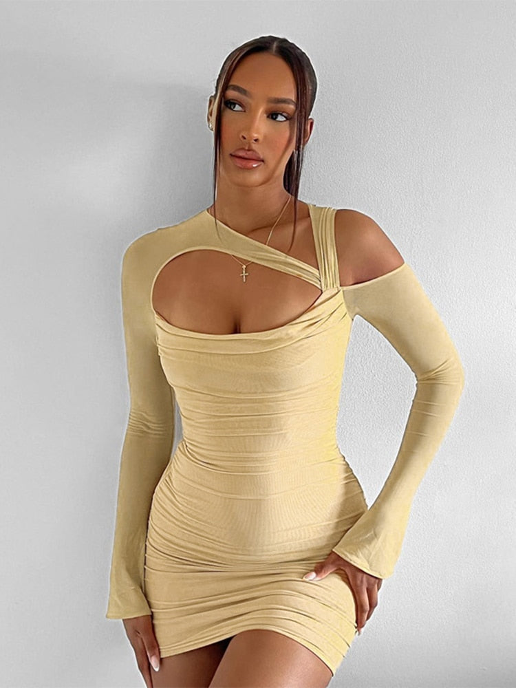 Lizakosht Fashion Flare Sleeve Sexy Cut Out Ruched Dress Outfits Women Party Club Summer Mesh Sheer Dresses Bodycon Clothes