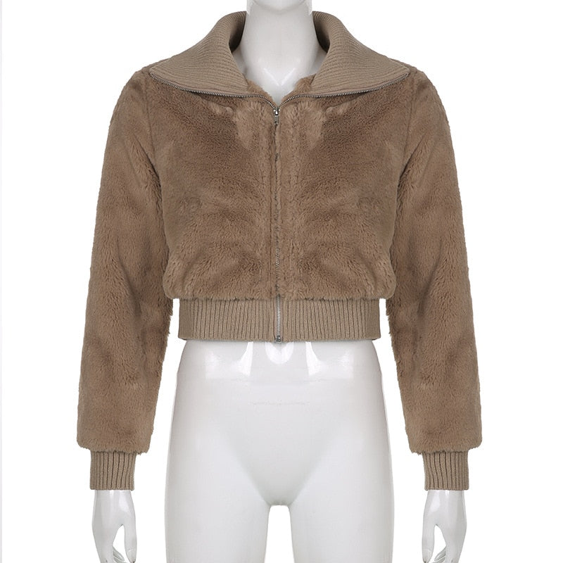Lizakosht Autumn and Winter Temperament Lapel Long-sleeved Jacket Women New Fashion Women's Plush Stitching Zipper Warm Cardigan