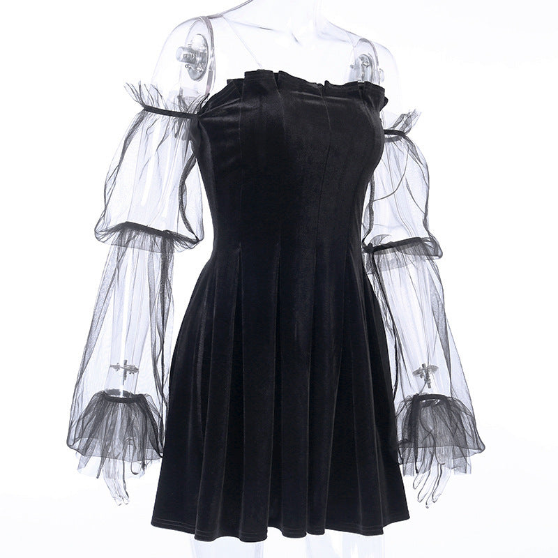 Velvet Vintage Dress Sexy Summer Gothic Party Dress Women Black Mini Dresses A Line Vestidos Patchwork Goth Club Highstreet