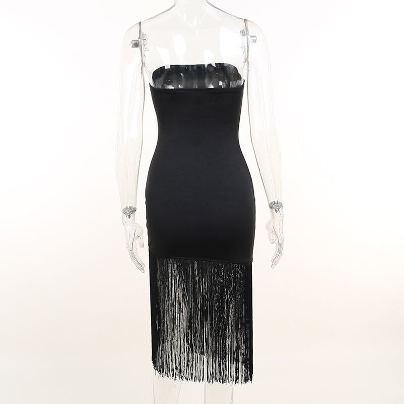 Lizakosht Dress White Elegant Midi Dress Women Sleeveless Summer Fringe Black Strapless Dress Lady Party