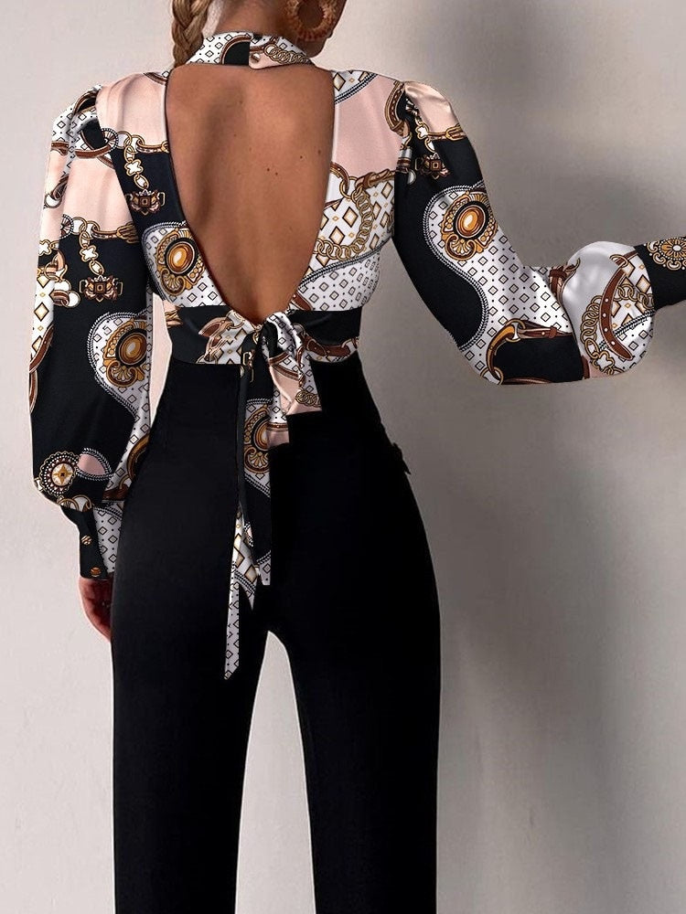 Vintage Print Lantern Sleeve Lace-Up Womens Shirt 2022 Elegant Hollow Out Backless Crop Top Sexy Fashion Turtleneck Blusa Blouse