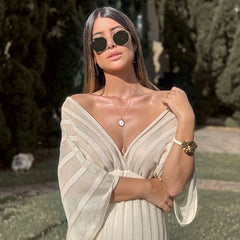 Lizakosht Spring Woman White V-neck Shawl Sleeve Dress