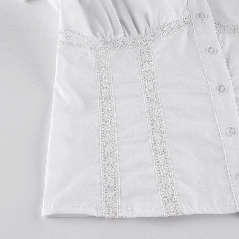 White Sexy Lace Women's T-Shirt Top Fashion Puff Sleeve Cardigan Shirt Slim Casual Short Sleeve Ladies Blouse Spring New