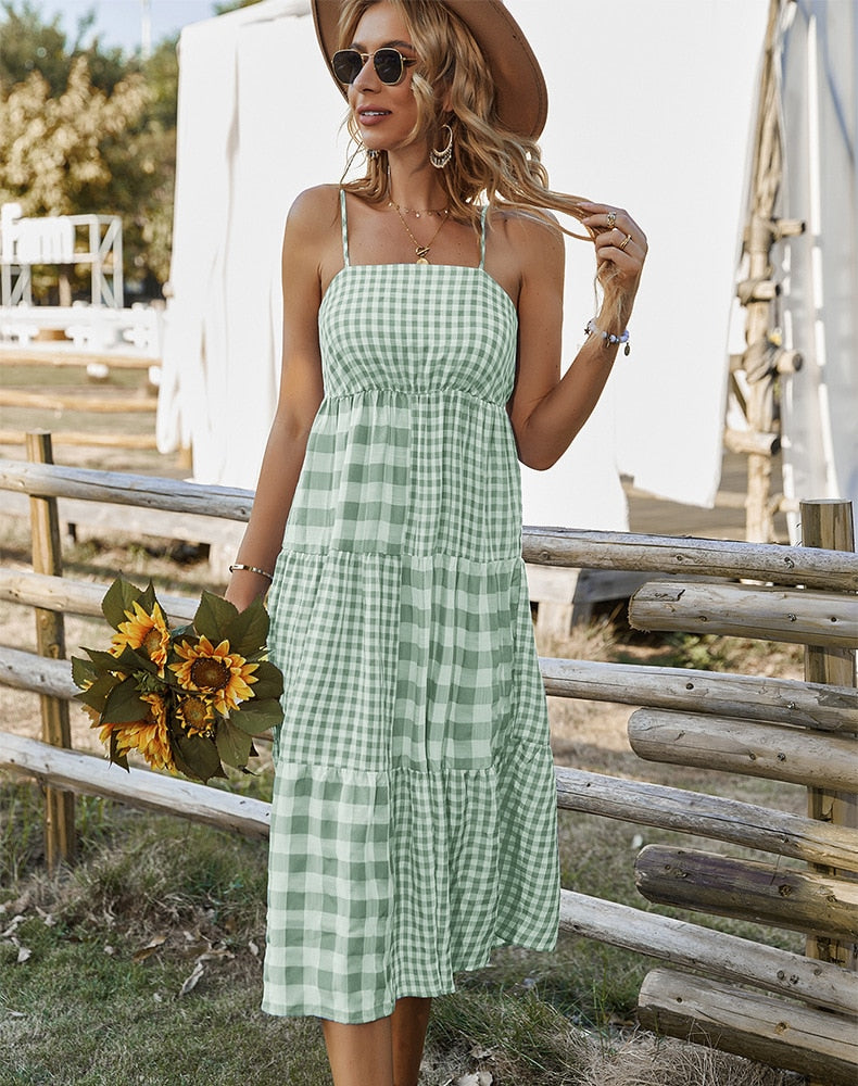 Lizakosht Summer New Women's Clothing Mid-length Light Mature Fashion Plaid Polyester Dress Suspenders Large Swing Skirt