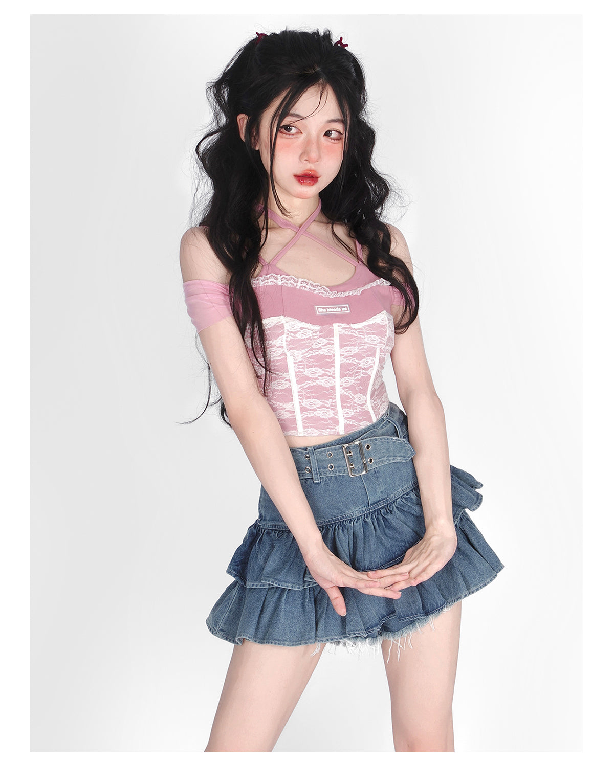 HOUZHOU Belts Y2k Pleated Denim Skirt Women Sexy Egirl Double Layer Ruffle Patchwork High Waist Jean Skirt Shorts Punk Summer
