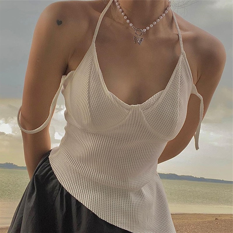 Lizakosht White Sleeveless Vest Sexy Solid Temperament Slim Fit Irregular Halter Camisole Lace Up Summer Sling Tops Koean Fashion Sweet