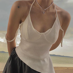 Lizakosht White Sleeveless Vest Sexy Solid Temperament Slim Fit Irregular Halter Camisole Lace Up Summer Sling Tops Koean Fashion Sweet