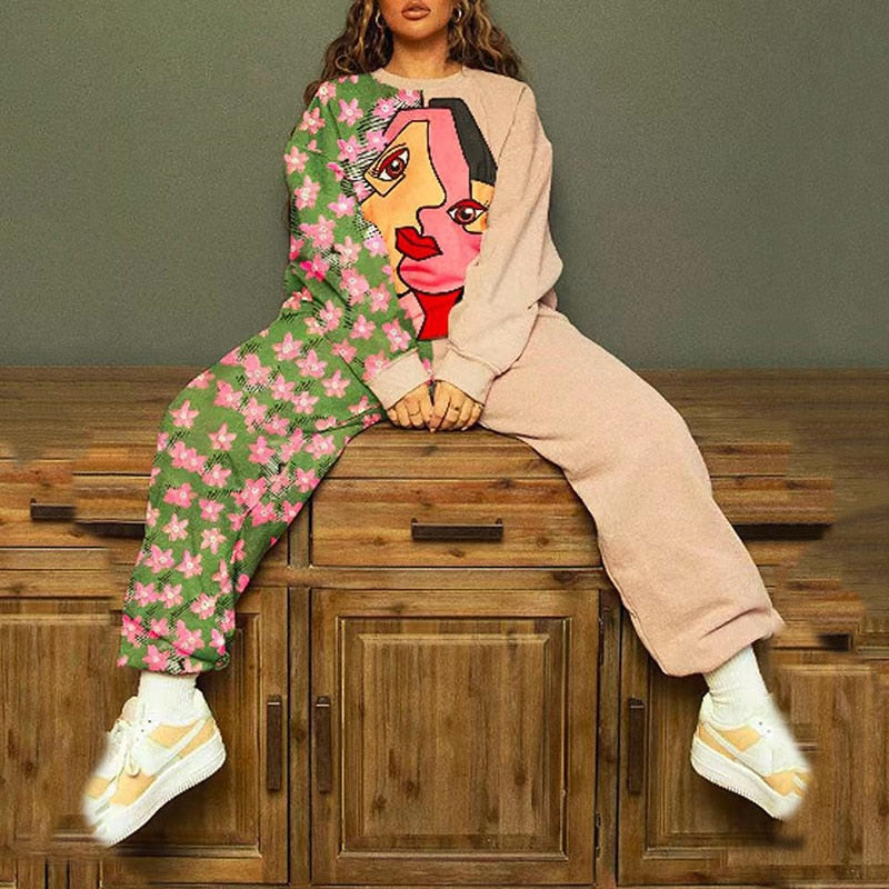 Lizakosht Autumn 2-Piece Set Women's Printed Casual Round Neck Sweater + Sports Wide Leg Pants Streetwear Basic Hoodie Set