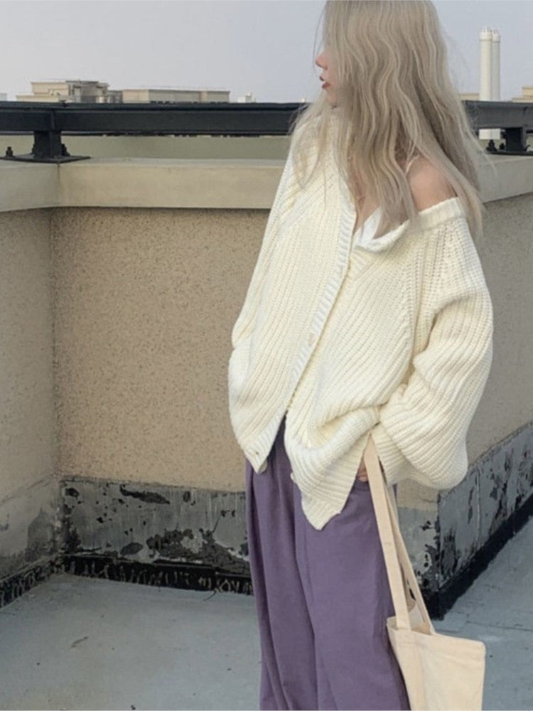 Lizakosht White Cardigan Sweater Jacket women's Spring Autumn Winter New Retro Lazy Style Knitted Sweater Cardigan