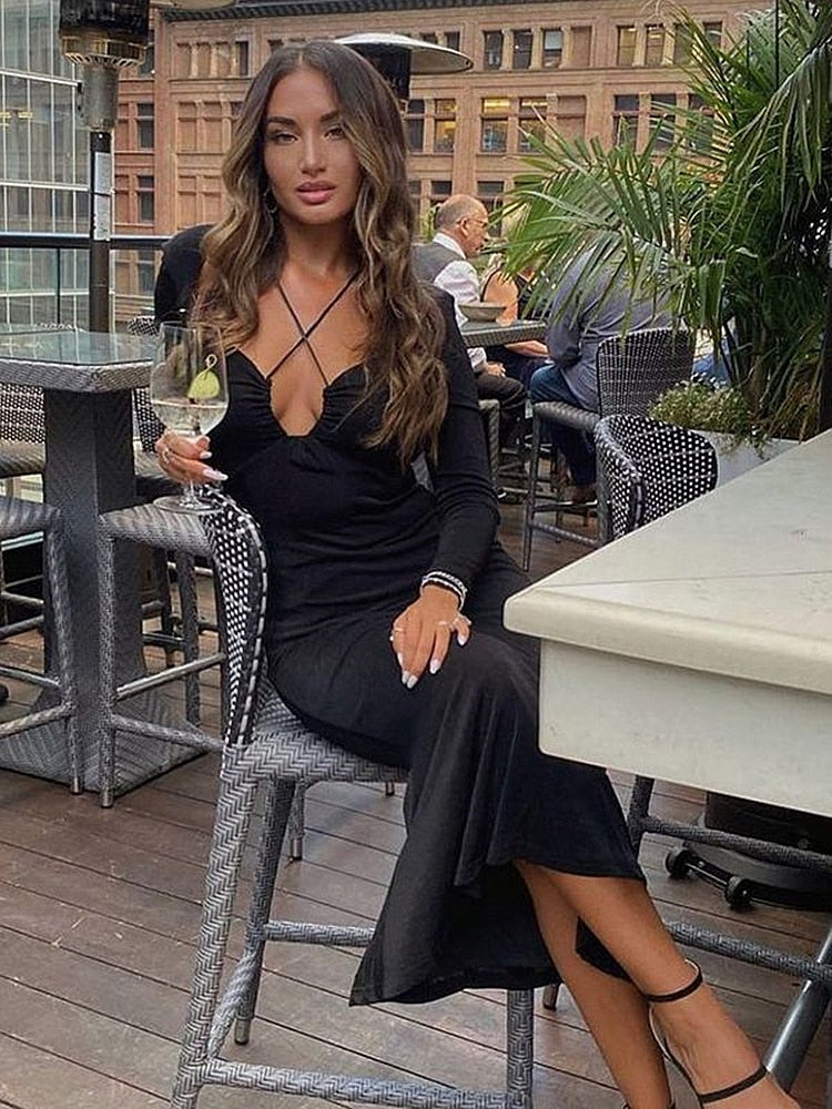 High Quality Elegant Backless Maxi Dresses For Women French Long Sleeve Solid Evening Party Dress 2022 Summer Streetwear Dress