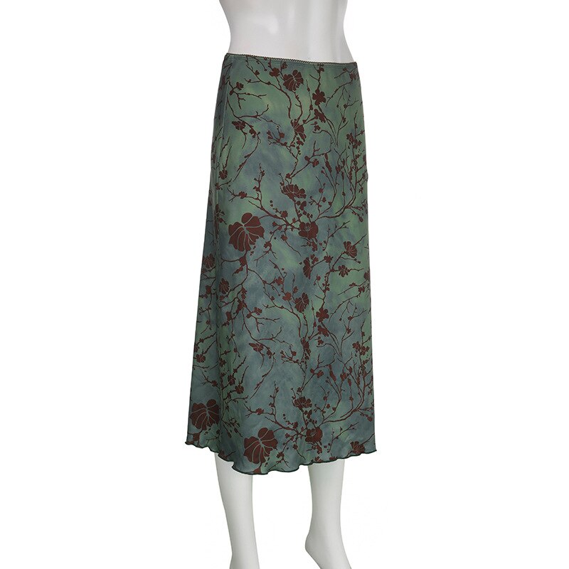 Lizakosht  Vintage Printed Long Skirt Women Y2k Grunge Green Cottagecore Low Waist Slim Straight Midi Skirt Girls 90s Aesthetic