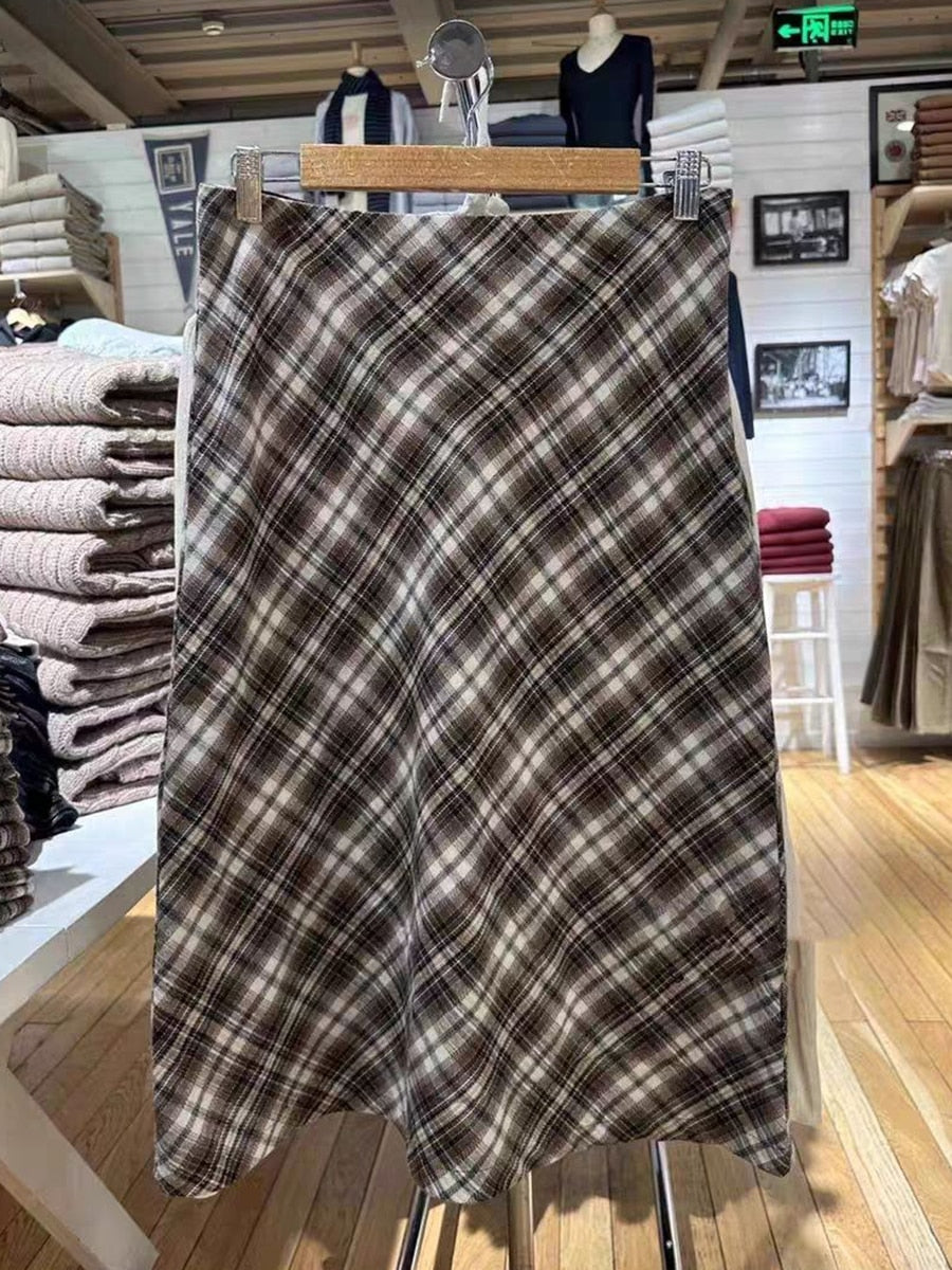 Lizakosht American Vintage Plaid Midi Skirt Woman A-line High Waist Long Skirts Summer School Style Y2k Classic Cotton Faldas Chic