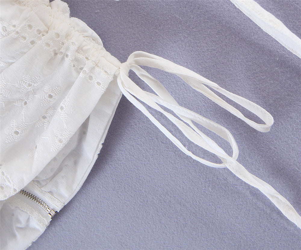 Elegant white lace top short sleeve korean fashion blouses for women 2022 Summer backless top ruched puff sleeve top cotton