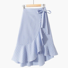 Summer Korean Lace-up Plaid High Waist Slim Ruffled Irregular Midi Skirt Elastic Waist A-line Side Split Ruffles Knee Skirts