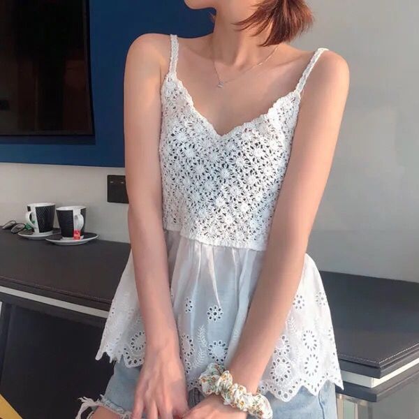 Summer Crochet Tank Top Women Sexy Hollow Out Crop Top Cotton Linen Shirt Female Boho Clothing Beach Cropped